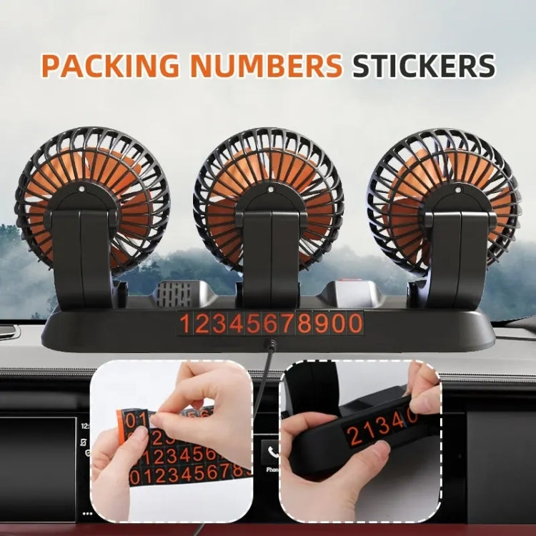 Three-head car fan with black tripod base and orange fan grilles