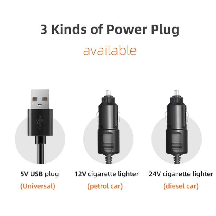 Three power plug types for car fan: USB, 12V and 24V cigarette lighter