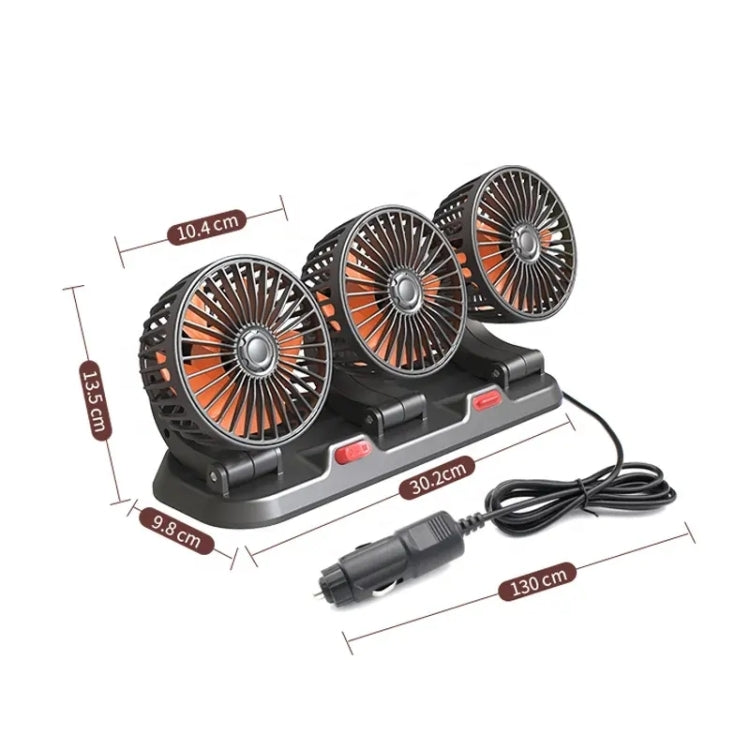Three-head rotating car fan with measurements and power cord