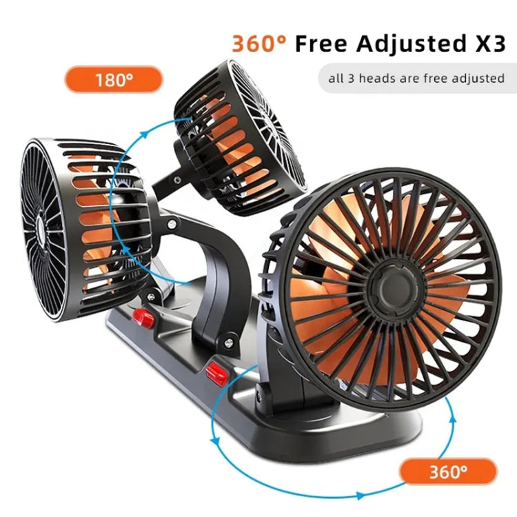 Three-head car fan with 360-degree free-adjust heads and rotating base
