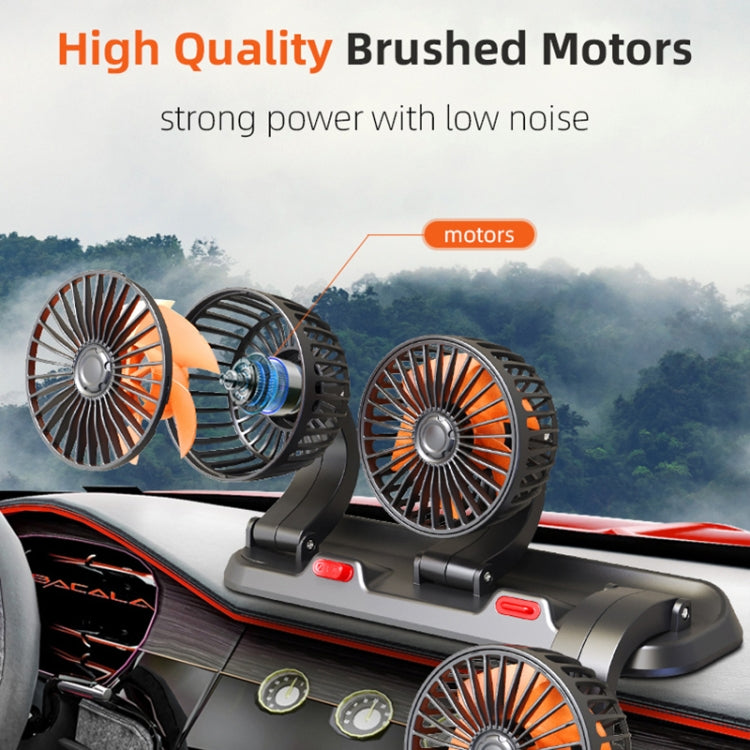 Three-head car fan with black base and three orange-blade circular fans