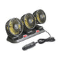 Three-head car fan with black base, USB cable, and three rotating silver grilles