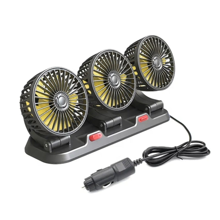 Three-head car fan with black base, USB cable, and three rotating silver grilles