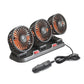 Three-head car fan with black base and three orange-accent grille fans