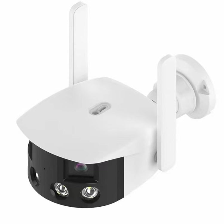 White dual-lens security camera with extended antenna and wall-mount bracket