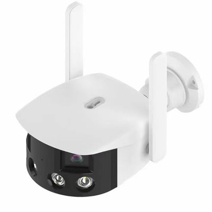 White dual-lens security camera with extended antenna and wall-mount bracket