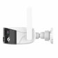 Side view of white dual-lens WiFi security camera with cylindrical mount