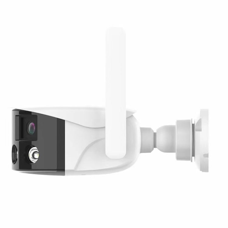 Side view of white dual-lens WiFi security camera with cylindrical mount