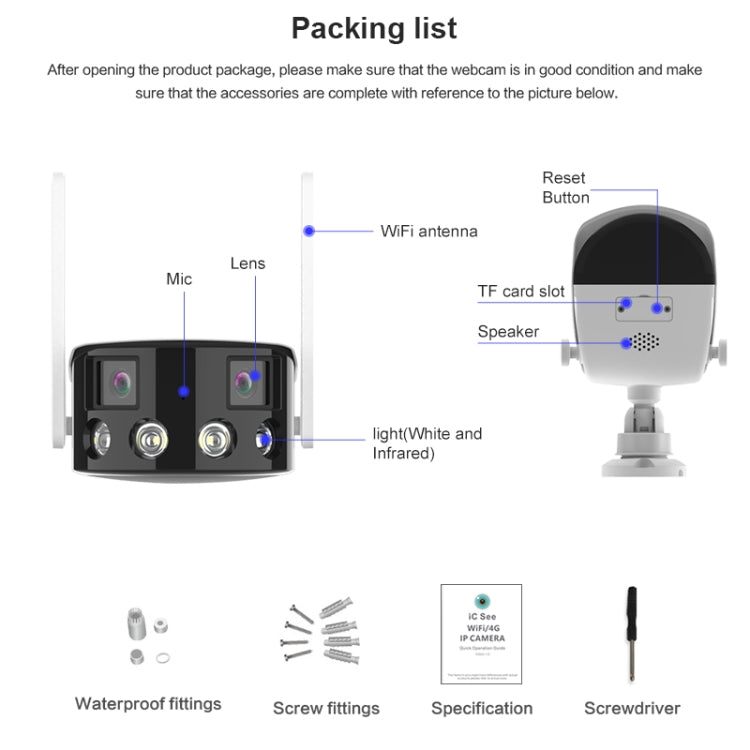 Dual-lens outdoor security camera diagram showing lens, WiFi antenna, reset and speaker