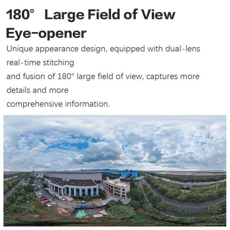 Security camera with dual-lens design shown with 180° wide field of view feature