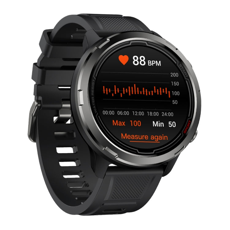 Black Zeblaze Stratos 2 Lite smart watch showing heart-rate graph on round screen