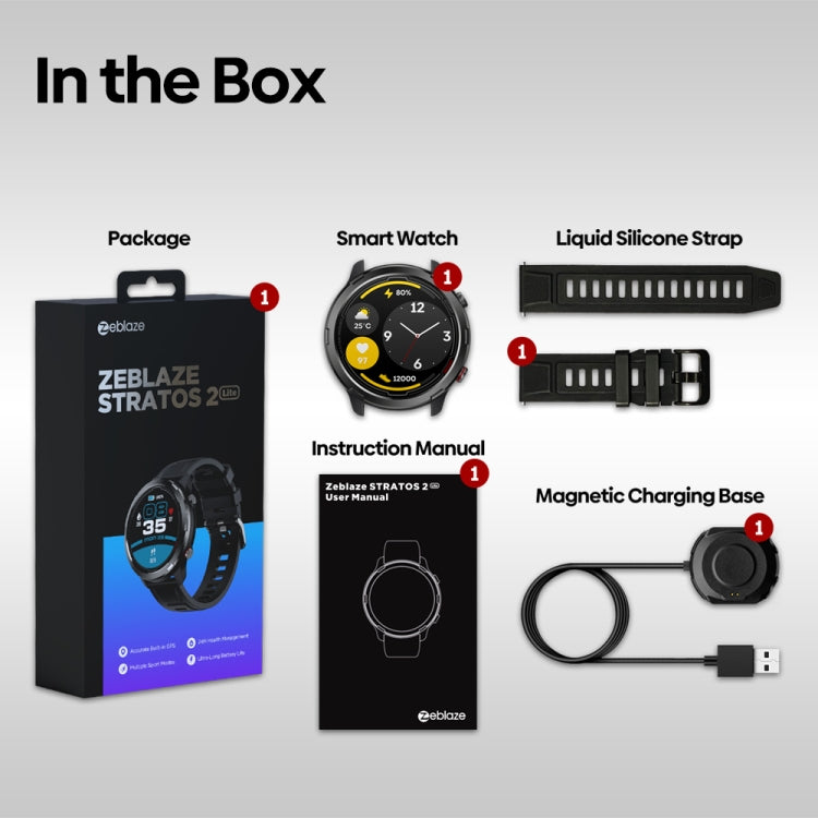Zeblaze Stratos 2 Lite watch kit: liquid silicone strap, manual, magnetic charging base