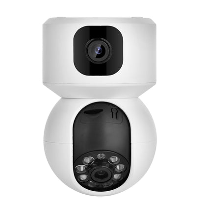 Dual-lens wireless smart PTZ security camera, white housing with upper and lower lenses