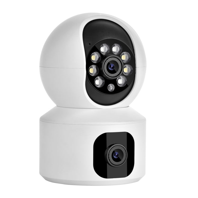 Dual-lens wireless smart PTZ security camera, front view with LED ring and dual lens modules