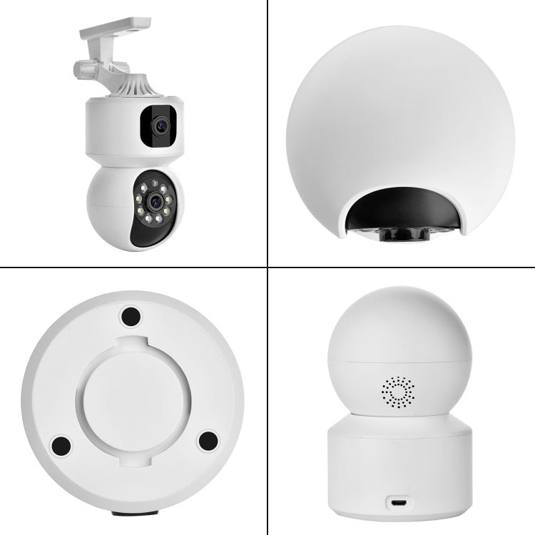 Dual-lens wireless smart PTZ security camera, showing top, side, and base mounting views