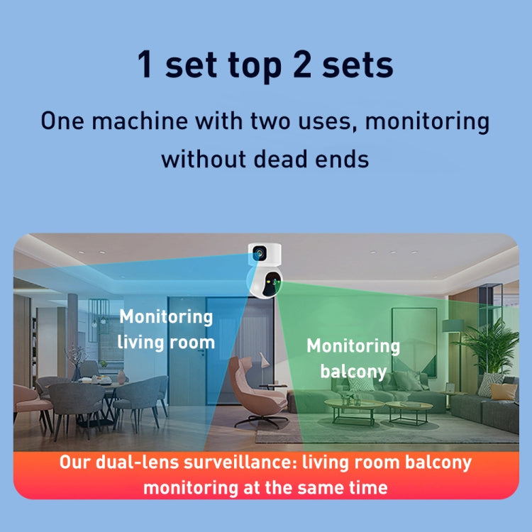 Dual-lens wireless smart PTZ security camera mounted on indoor ceiling for monitoring