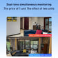 Dual-lens wireless smart PTZ security camera shown with dual-room monitoring screenshot