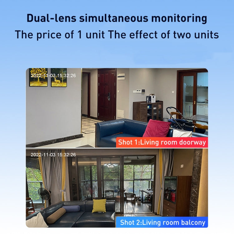 Dual-lens wireless smart PTZ security camera shown with dual-room monitoring screenshot