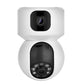 Dual-lens wireless smart PTZ security camera, white dome body with two lens modules