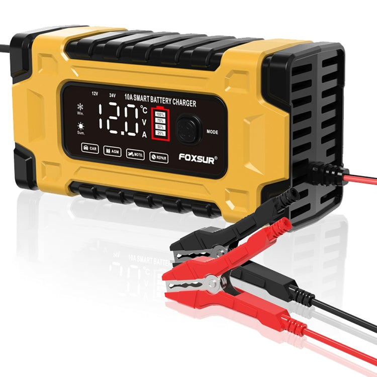 Yellow battery charger front panel with screen and attached red/black battery clamps