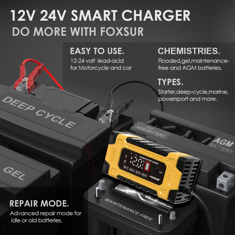 Yellow smart battery charger with digital display and red/black clamp leads