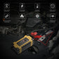 Yellow smart battery charger with red and black battery clamps on vehicle