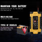 Yellow battery charger with digital display and red/black battery clamps