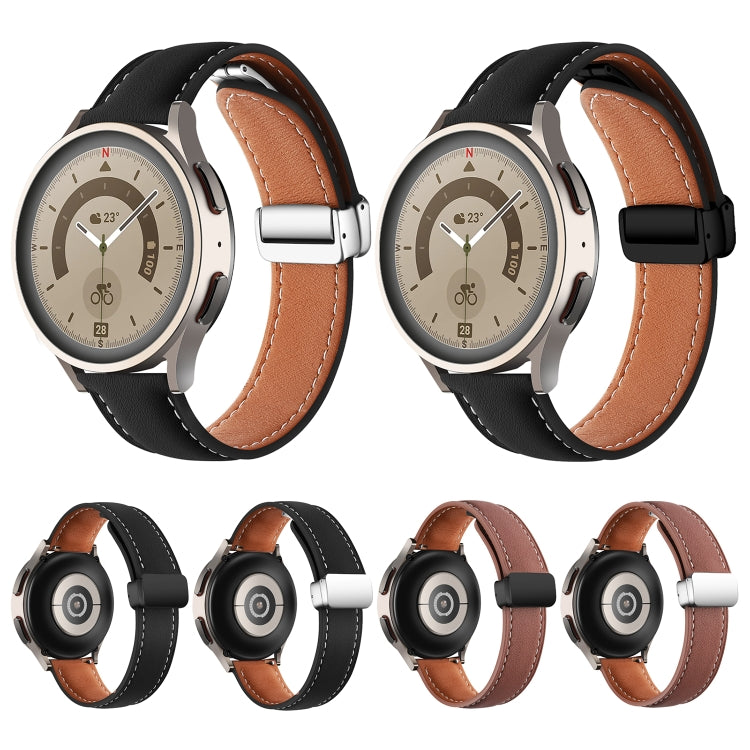 Black leather watch band with tan lining and folding buckle, shown in side and front views