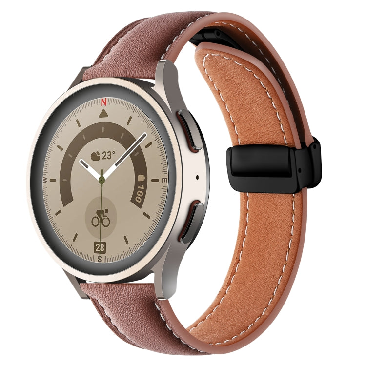Brown genuine leather watch band with folding buckle, black strap buckle, side view.