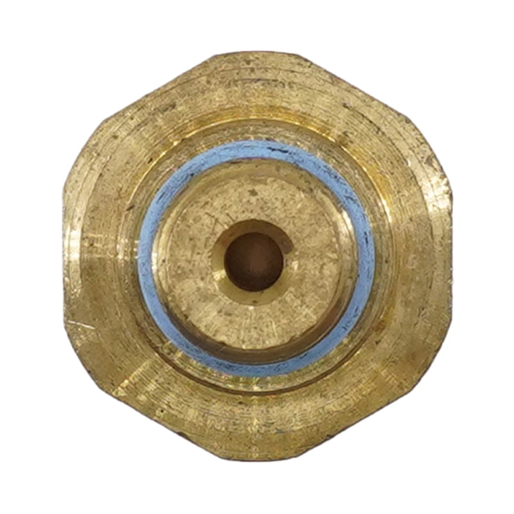 Fuel pressure sensor mounting port view, brass ring with blue inner gasket