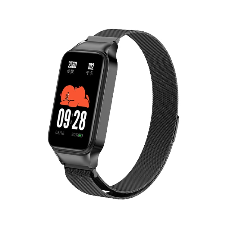 Black magnetic metal watch band with smartwatch display and mesh-style strap.