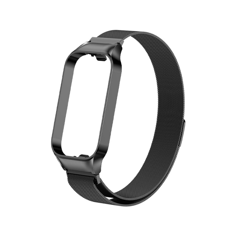 Black magnetic metal watch band with metal frame and mesh strap.