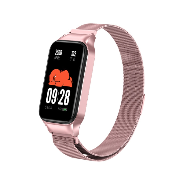 Rose pink magnetic metal watch band with smartwatch display and mesh strap.
