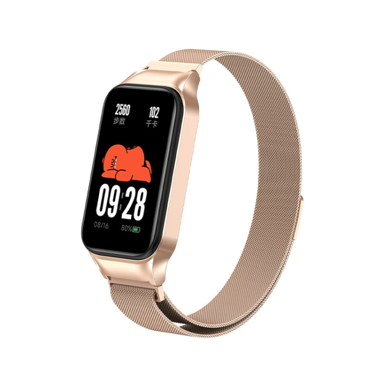 Rose gold magnetic metal watch band with smartwatch display and mesh strap.