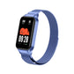 Midnight blue magnetic metal watch band with smartwatch display and mesh strap.