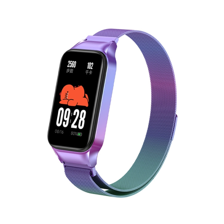 Purple magnetic metal watch band with two-tone green underside and mesh strap.