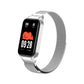Silver magnetic metal watch band with smartwatch display and mesh strap.