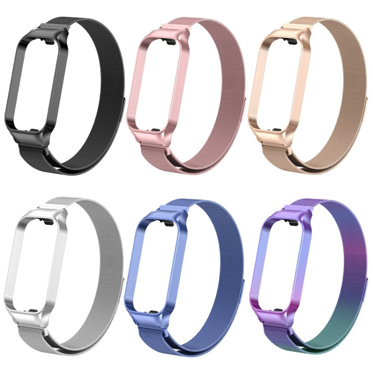 Magnetic metal watch band set with multiple colors and metal clasp frames.