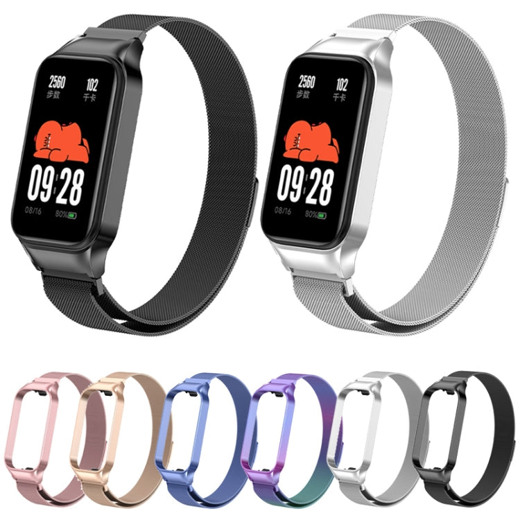 Assorted magnetic metal watch bands: black and silver straps plus several color bands.
