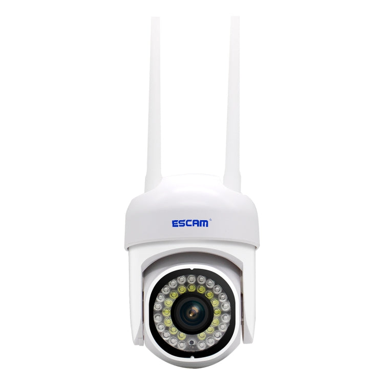 ESCAM white outdoor WiFi security camera with dome housing and circular lens array