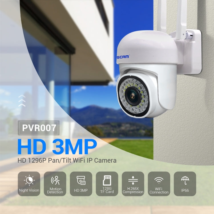 ESCAM white outdoor WiFi security camera mounted on wall near window