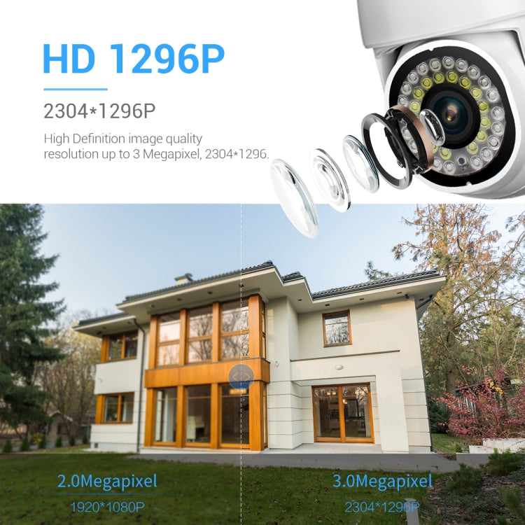 ESCAM white dome WiFi security camera with lens and LED ring above a home