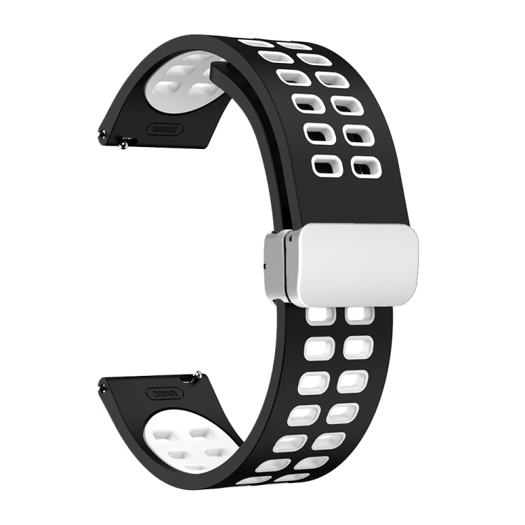 Two-tone silicone watch band with silver folding buckle, black/white, double-row hole cutouts.