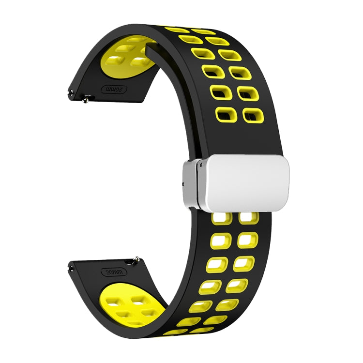 Two-color silicone watch band with double-row holes, yellow accents, silver folding buckle