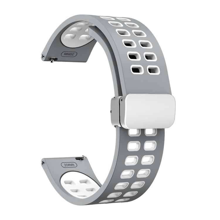 Two-tone perforated silicone watch band with silver fold buckle, light gray and white.