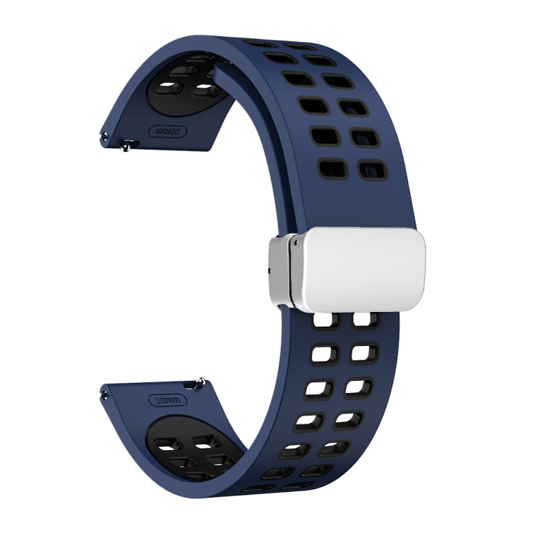 Two-tone perforated silicone watch band with silver fold buckle, navy blue and white.