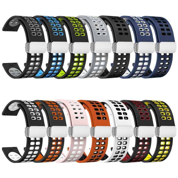 Perforated silicone watch band set with silver fold buckle, multicolor striped straps.