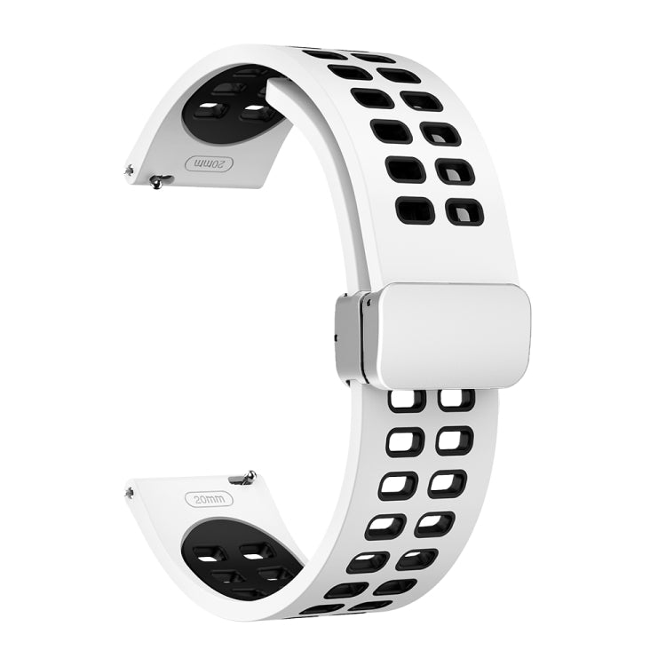 Double-row perforated silicone watch strap with silver fold clasp, white and black two-tone.