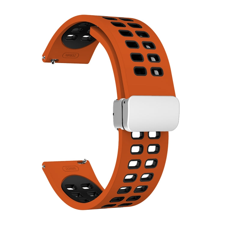 Double-row cutout silicone watch strap with silver fold clasp, orange and black two-tone.