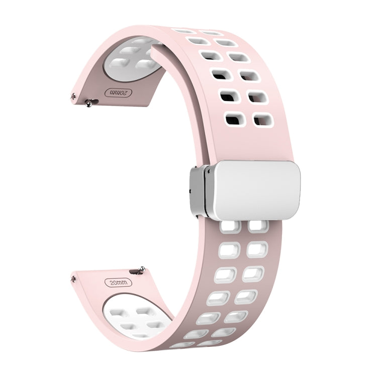 Double-row perforated silicone watch strap with silver fold clasp, pink and white two-tone.